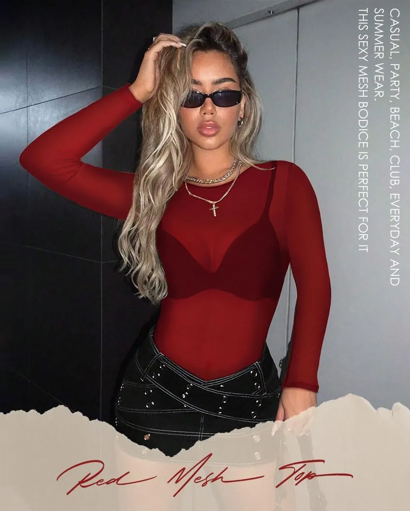 Women's Mesh Tops Sheer Long Sleeve Tee Shirts Bodycon See Through Blouse Clubwear
