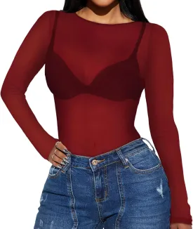 Women's Mesh Tops Sheer Long Sleeve Tee Shirts Bodycon See Through Blouse Clubwear