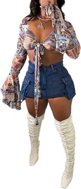 Women's Mini Jean Skirts Slit Bodycon Denim Skirt with Pockets Summer Vintage Streetwear