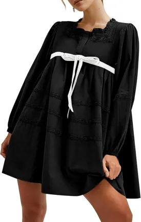 Womens Pleated Mini Dress Tie Knot Ruffle Long Sleeve Pullover Hollow Out Drawstring Patchwork Sweatshirt Dress