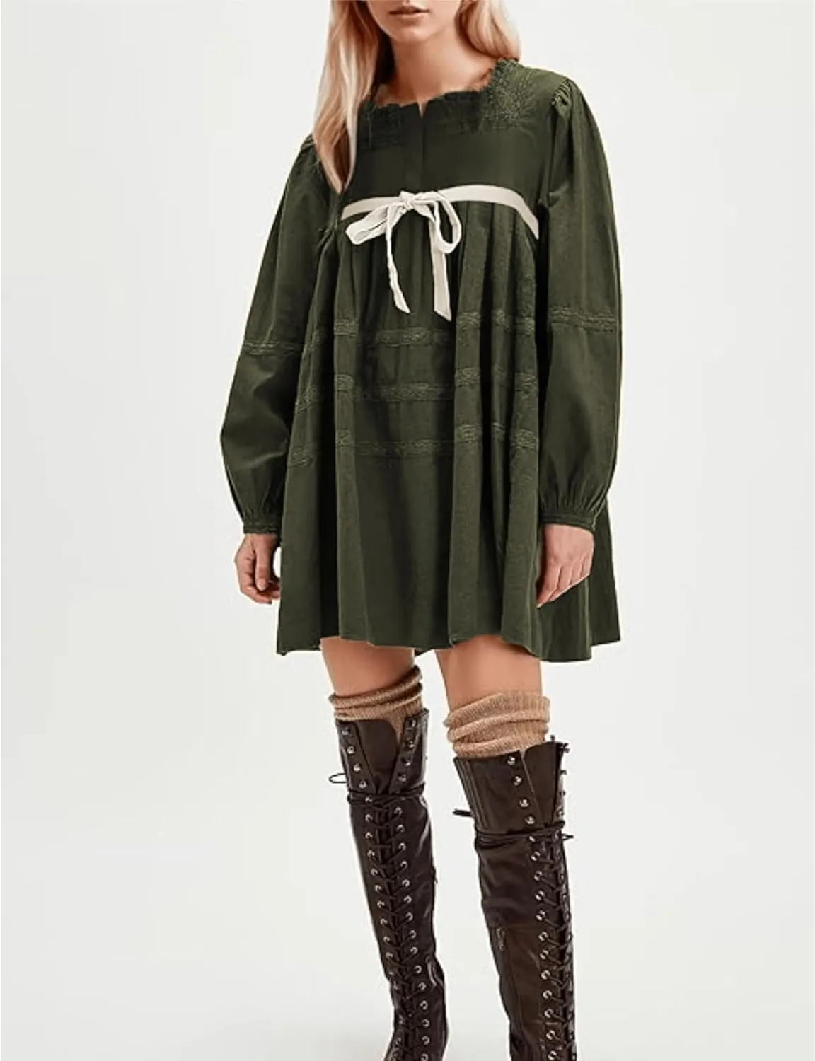 Womens Pleated Mini Dress Tie Knot Ruffle Long Sleeve Pullover Hollow Out Drawstring Patchwork Sweatshirt Dress
