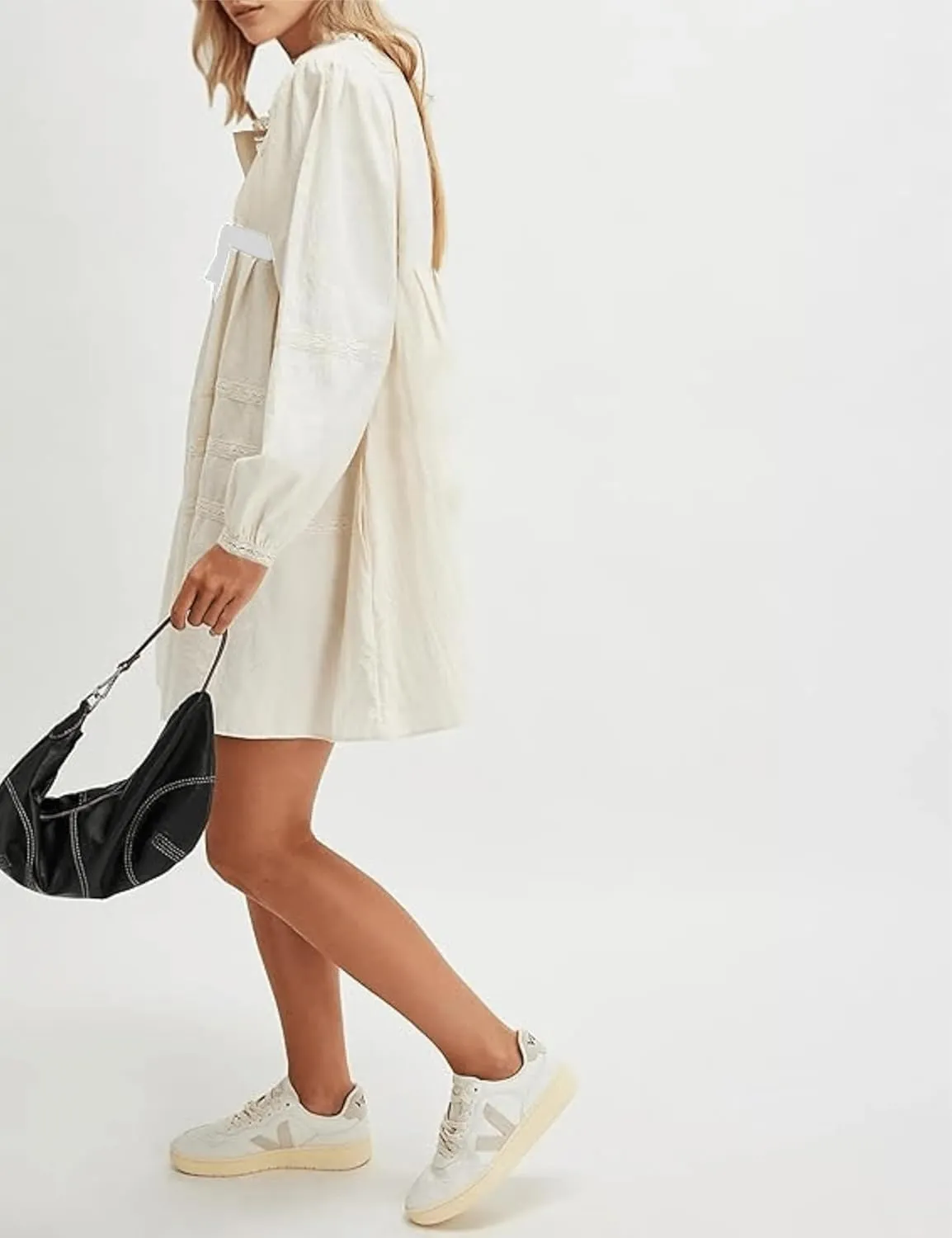 Womens Pleated Mini Dress Tie Knot Ruffle Long Sleeve Pullover Hollow Out Drawstring Patchwork Sweatshirt Dress