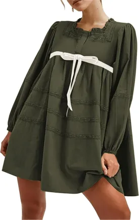 Womens Pleated Mini Dress Tie Knot Ruffle Long Sleeve Pullover Hollow Out Drawstring Patchwork Sweatshirt Dress