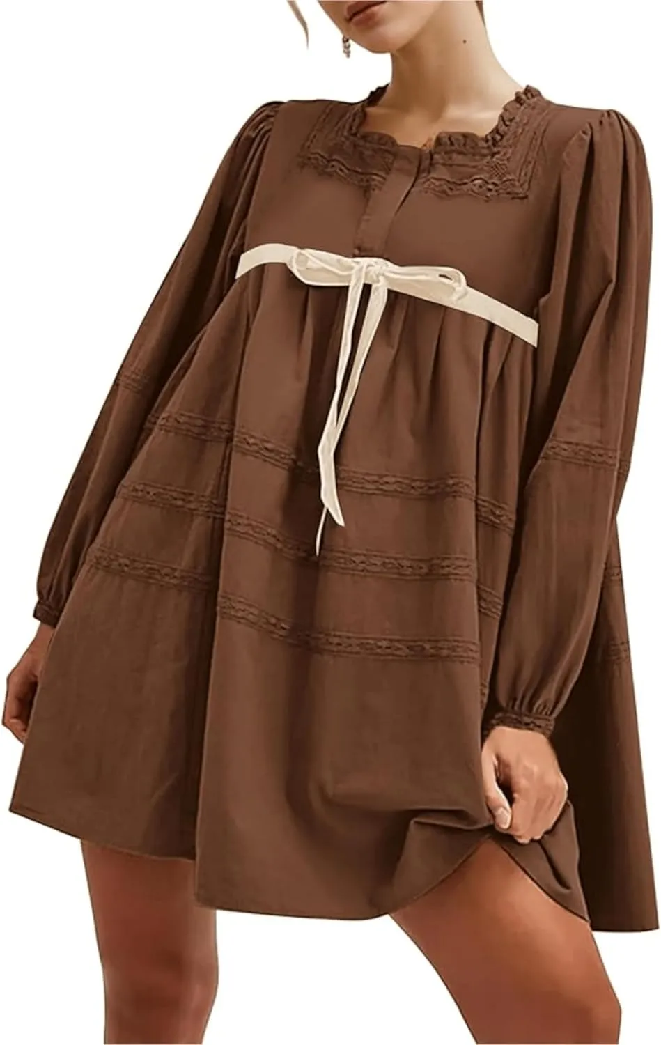 Womens Pleated Mini Dress Tie Knot Ruffle Long Sleeve Pullover Hollow Out Drawstring Patchwork Sweatshirt Dress