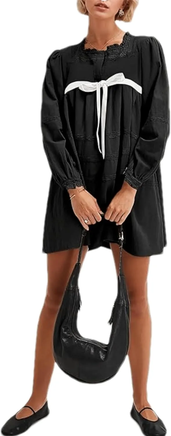 Womens Pleated Mini Dress Tie Knot Ruffle Long Sleeve Pullover Hollow Out Drawstring Patchwork Sweatshirt Dress