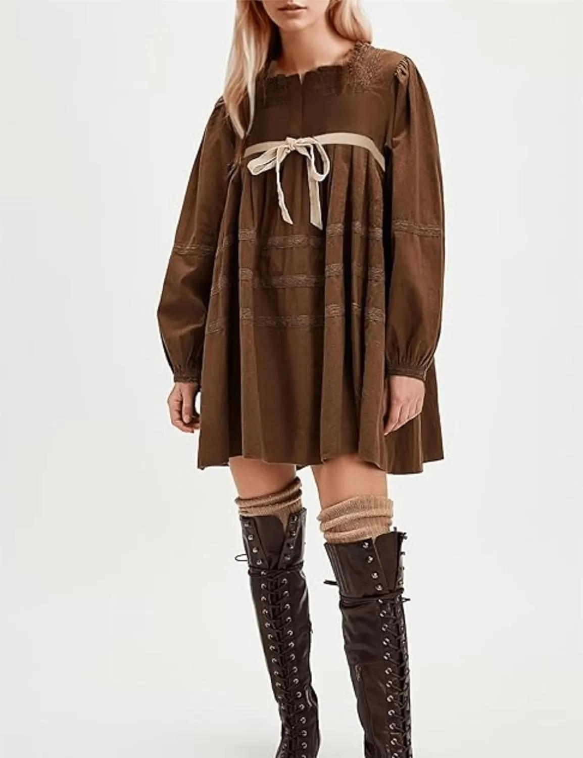 Womens Pleated Mini Dress Tie Knot Ruffle Long Sleeve Pullover Hollow Out Drawstring Patchwork Sweatshirt Dress