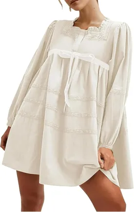 Womens Pleated Mini Dress Tie Knot Ruffle Long Sleeve Pullover Hollow Out Drawstring Patchwork Sweatshirt Dress