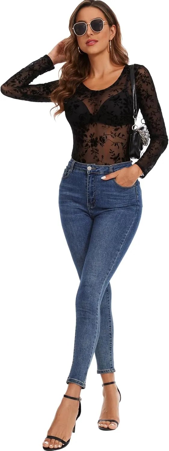 Women's Sheer Tops Long Sleeve Mesh Sheer Top See Through Blouse Shirt