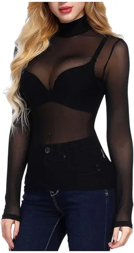 Women's Sheer Tops Long Sleeve Mesh Sheer Top See Through Blouse Shirt