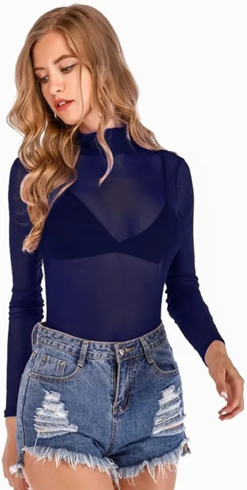 Women's Sheer Tops Long Sleeve Mesh Sheer Top See Through Blouse Shirt