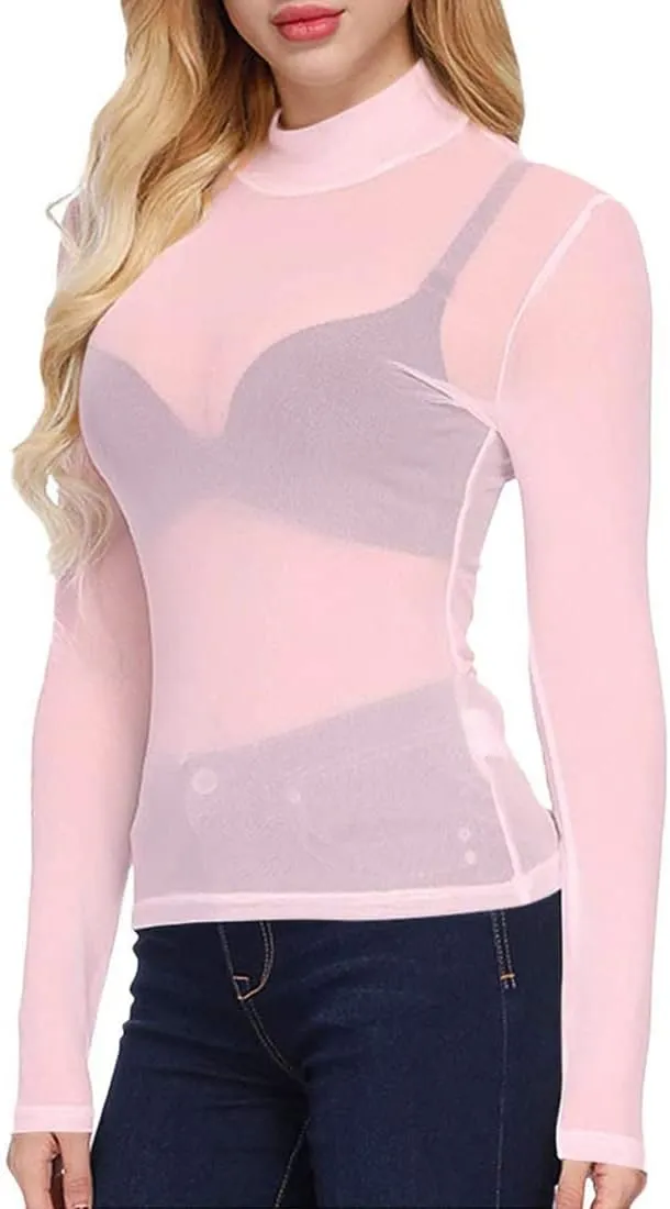 Women's Sheer Tops Long Sleeve Mesh Sheer Top See Through Blouse Shirt