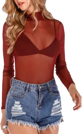 Women's Sheer Tops Long Sleeve Mesh Sheer Top See Through Blouse Shirt