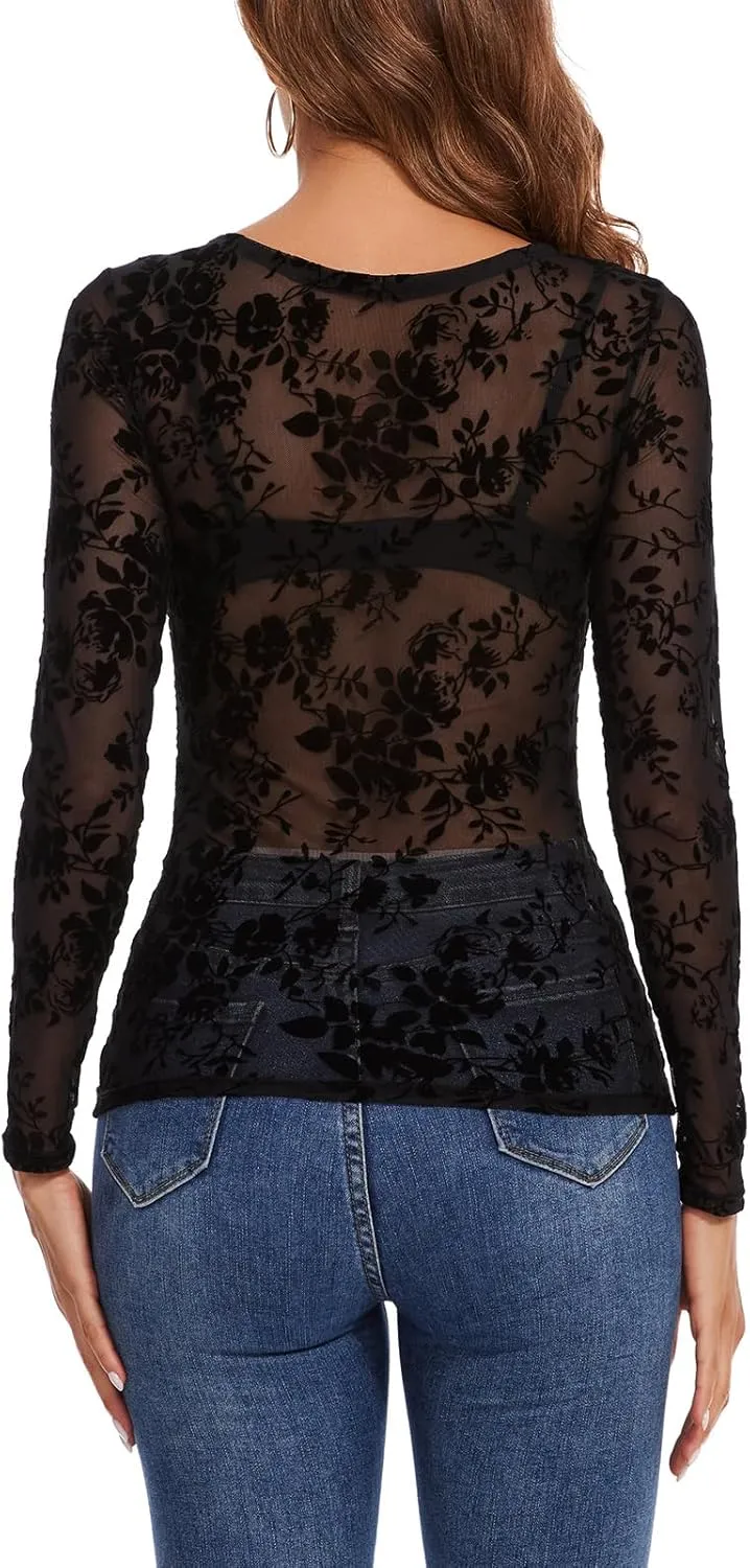 Women's Sheer Tops Long Sleeve Mesh Sheer Top See Through Blouse Shirt