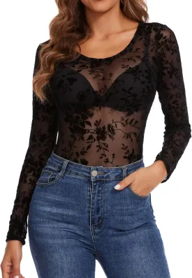 Women's Sheer Tops Long Sleeve Mesh Sheer Top See Through Blouse Shirt