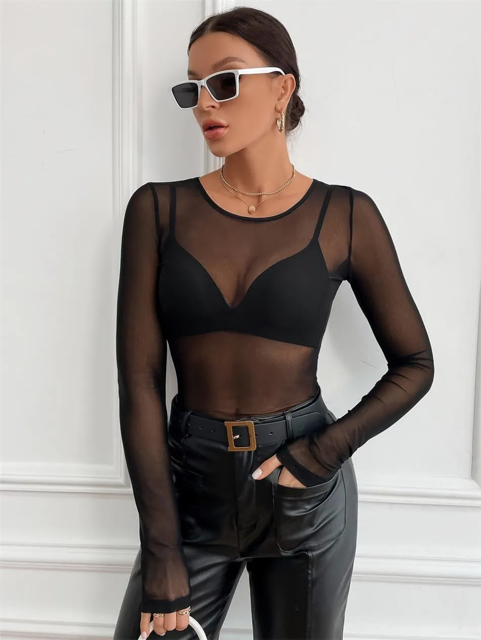 Women's Sheer Tops Long Sleeve Mesh Sheer Top See Through Blouse Shirt
