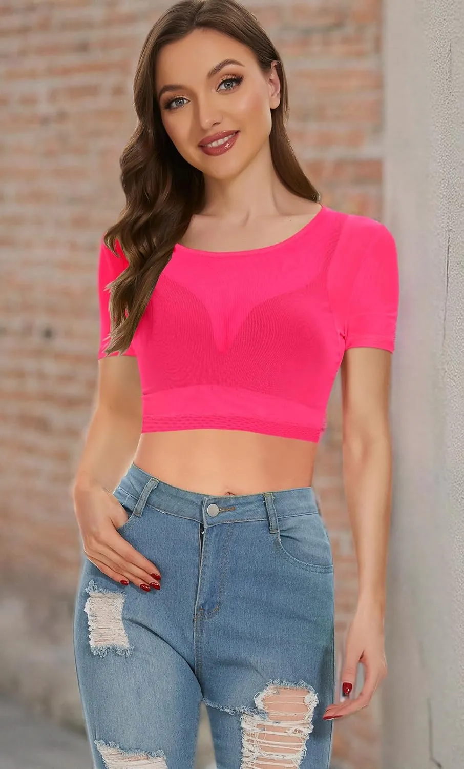 Women's Summer Mesh Tops Short Sleeve See Through Sheer T Shirt Bodycon Blouse Clubwear