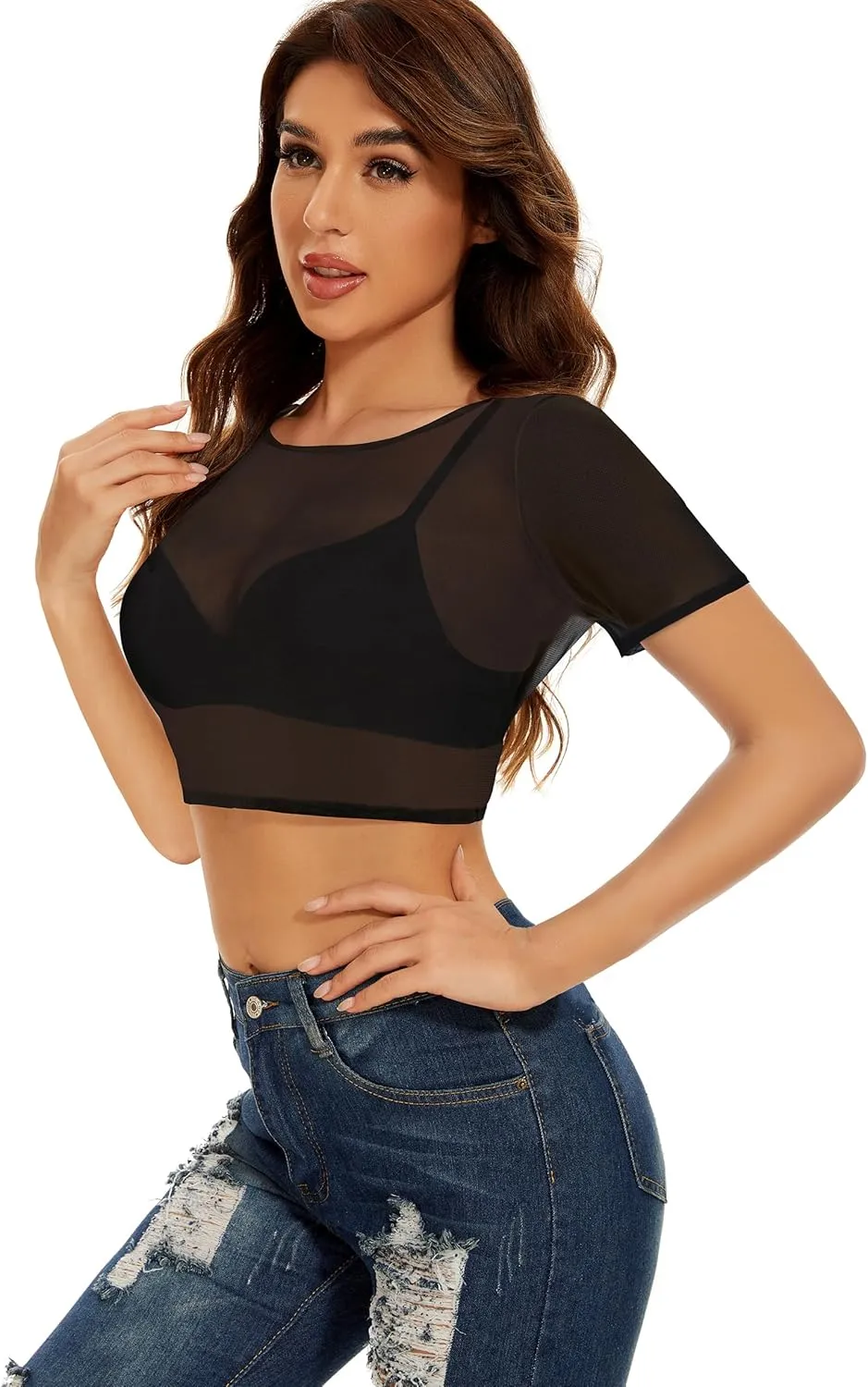 Women's Summer Mesh Tops Short Sleeve See Through Sheer T Shirt Bodycon Blouse Clubwear