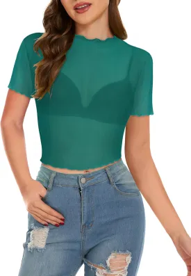 Women's Summer Mesh Tops Short Sleeve See Through Sheer T Shirt Bodycon Blouse Clubwear