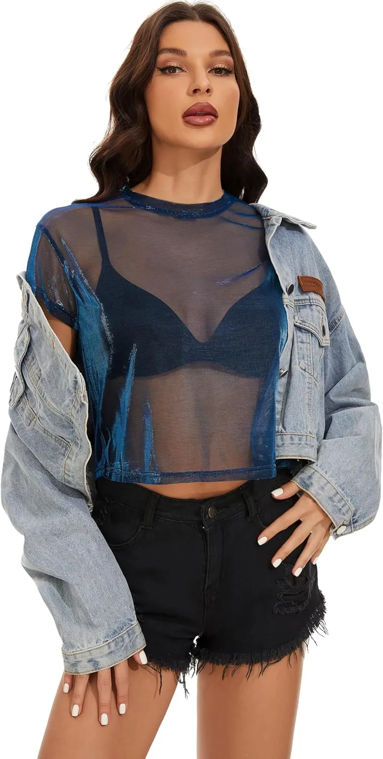 Women's Summer Mesh Tops Short Sleeve See Through Sheer T Shirt Bodycon Blouse Clubwear