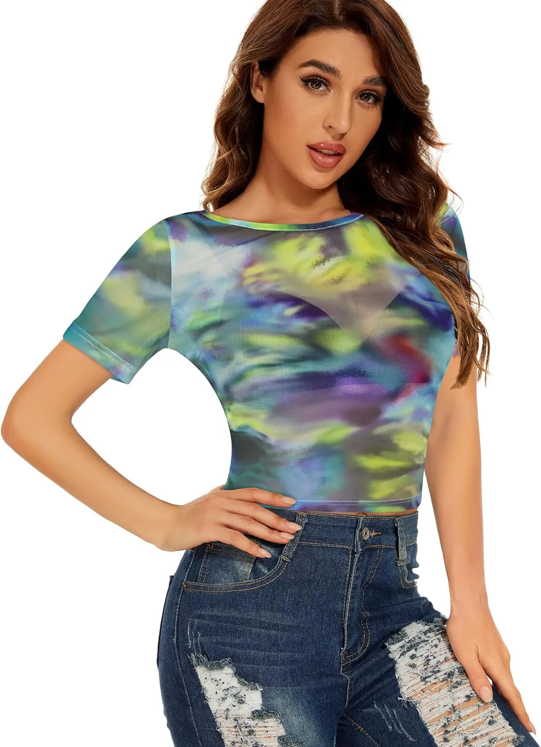 Women's Summer Mesh Tops Short Sleeve See Through Sheer T Shirt Bodycon Blouse Clubwear