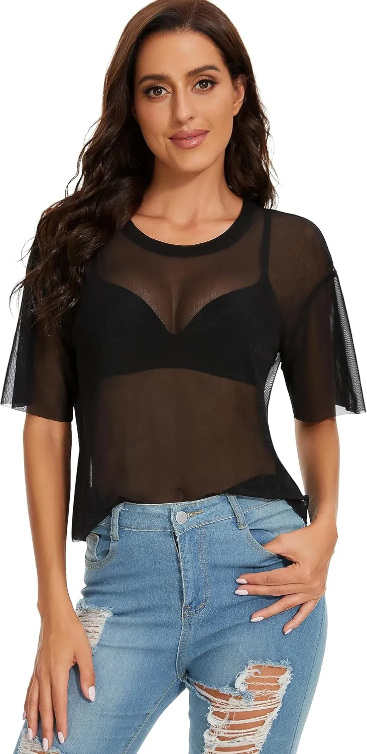 Women's Summer Mesh Tops Short Sleeve See Through Sheer T Shirt Bodycon Blouse Clubwear