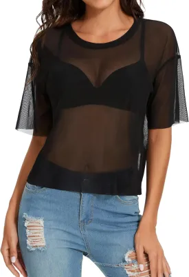 Women's Summer Mesh Tops Short Sleeve See Through Sheer T Shirt Bodycon Blouse Clubwear