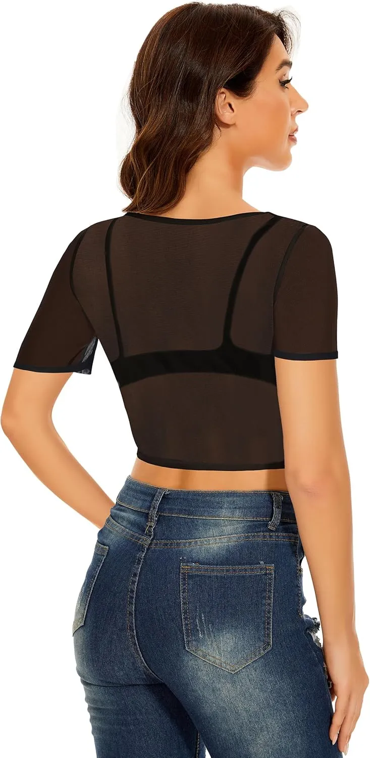 Women's Summer Mesh Tops Short Sleeve See Through Sheer T Shirt Bodycon Blouse Clubwear
