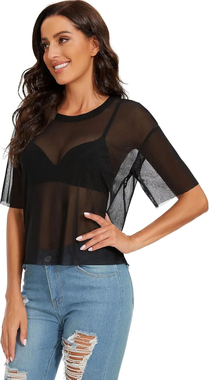 Women's Summer Mesh Tops Short Sleeve See Through Sheer T Shirt Bodycon Blouse Clubwear