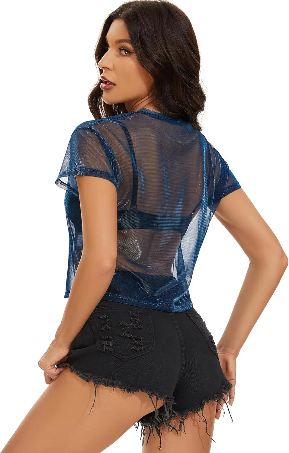 Women's Summer Mesh Tops Short Sleeve See Through Sheer T Shirt Bodycon Blouse Clubwear