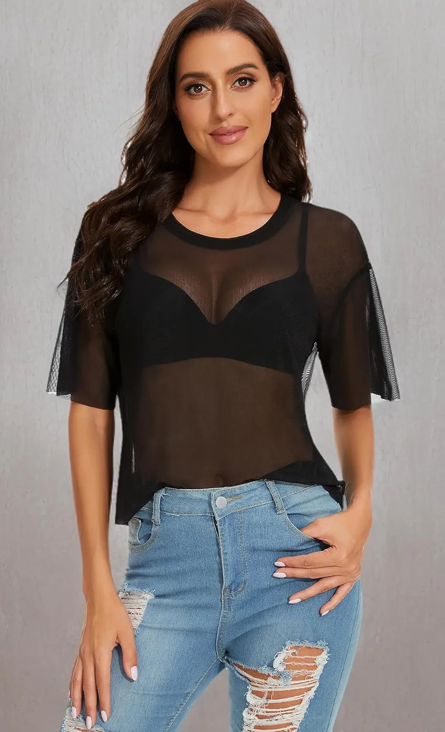 Women's Summer Mesh Tops Short Sleeve See Through Sheer T Shirt Bodycon Blouse Clubwear