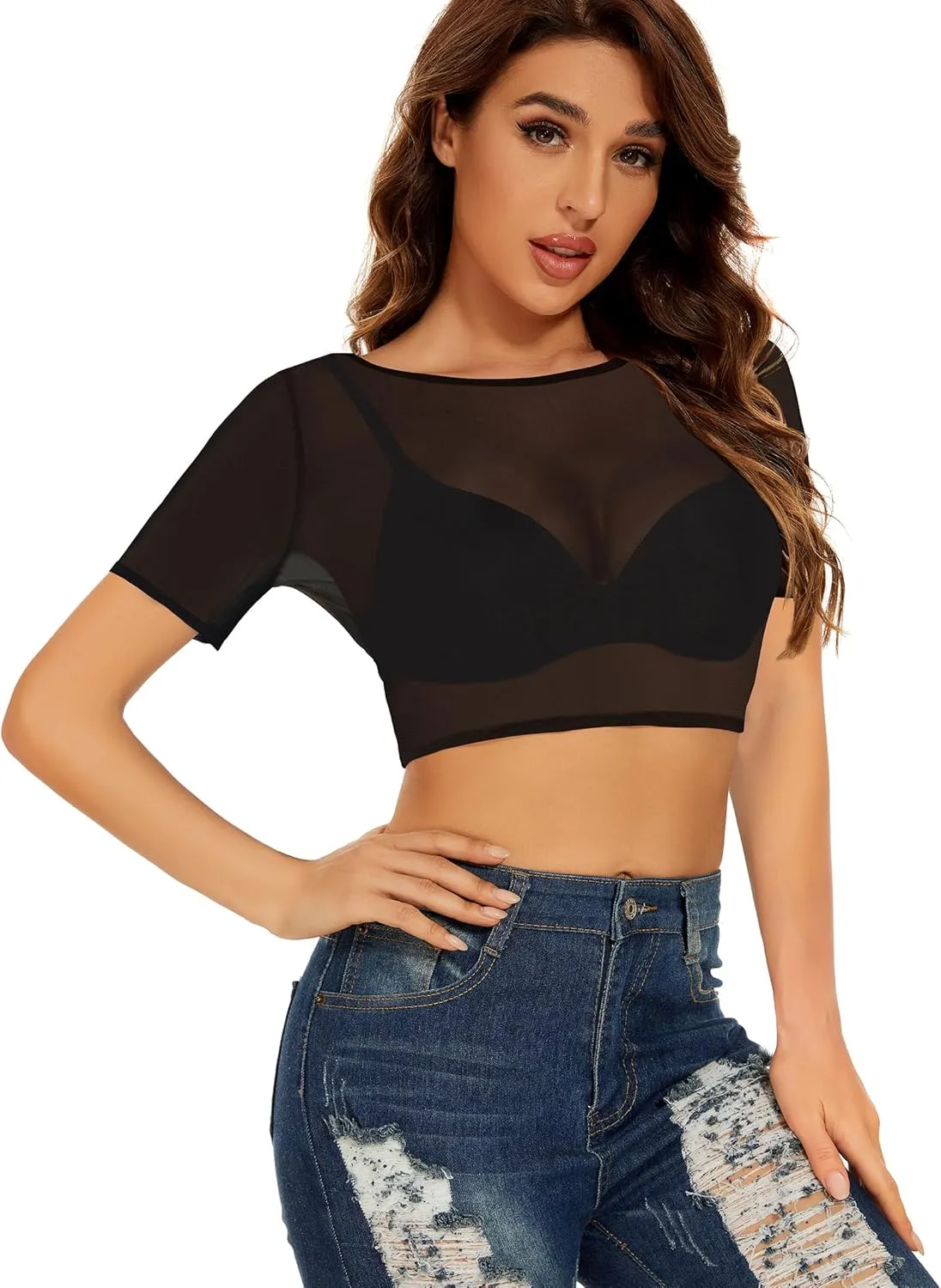 Women's Summer Mesh Tops Short Sleeve See Through Sheer T Shirt Bodycon Blouse Clubwear