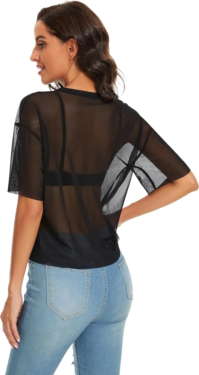 Women's Summer Mesh Tops Short Sleeve See Through Sheer T Shirt Bodycon Blouse Clubwear