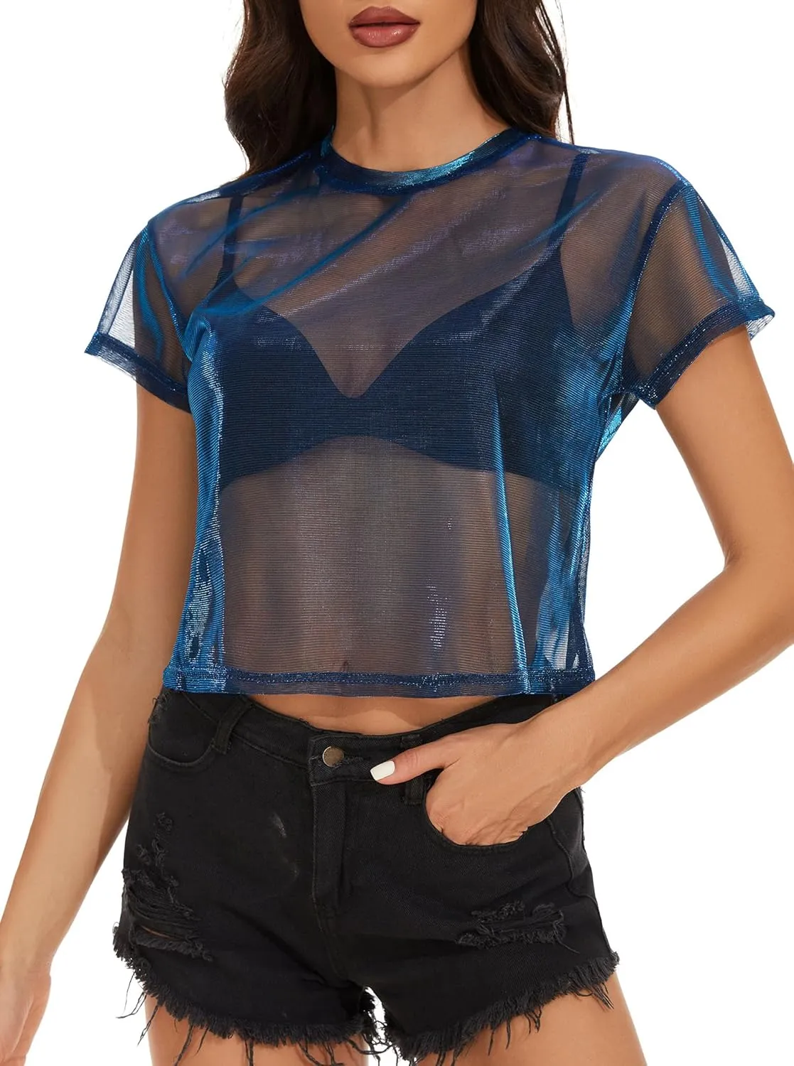 Women's Summer Mesh Tops Short Sleeve See Through Sheer T Shirt Bodycon Blouse Clubwear