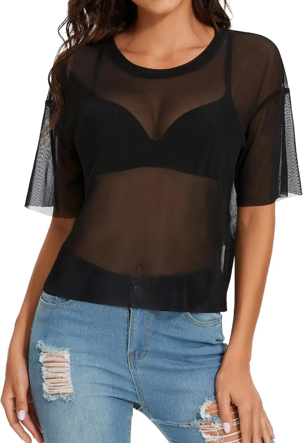 Women's Summer Mesh Tops Short Sleeve See Through Sheer T Shirt Bodycon Blouse Clubwear