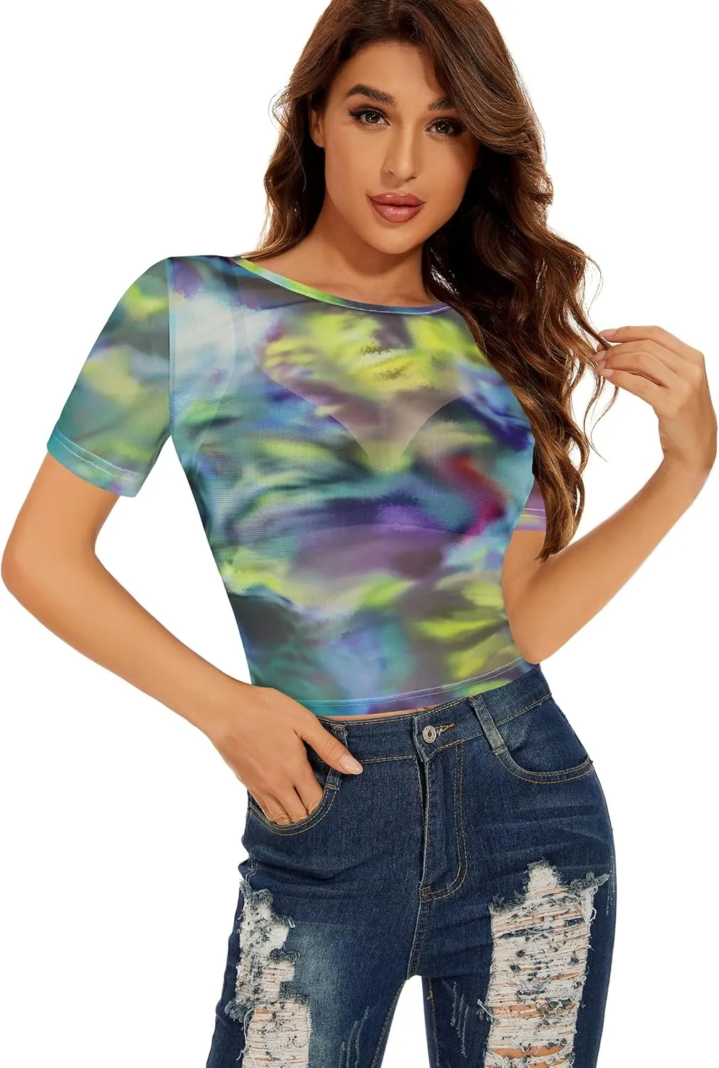 Women's Summer Mesh Tops Short Sleeve See Through Sheer T Shirt Bodycon Blouse Clubwear