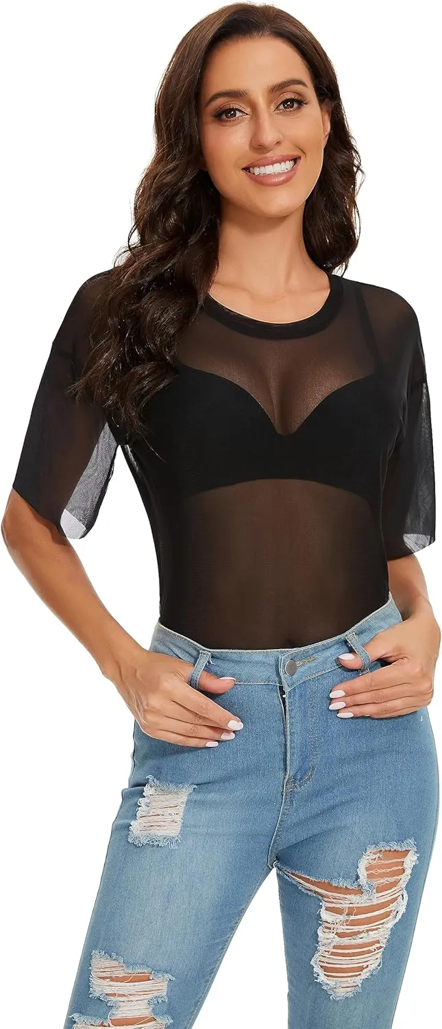 Women's Summer Mesh Tops Short Sleeve See Through Sheer T Shirt Bodycon Blouse Clubwear
