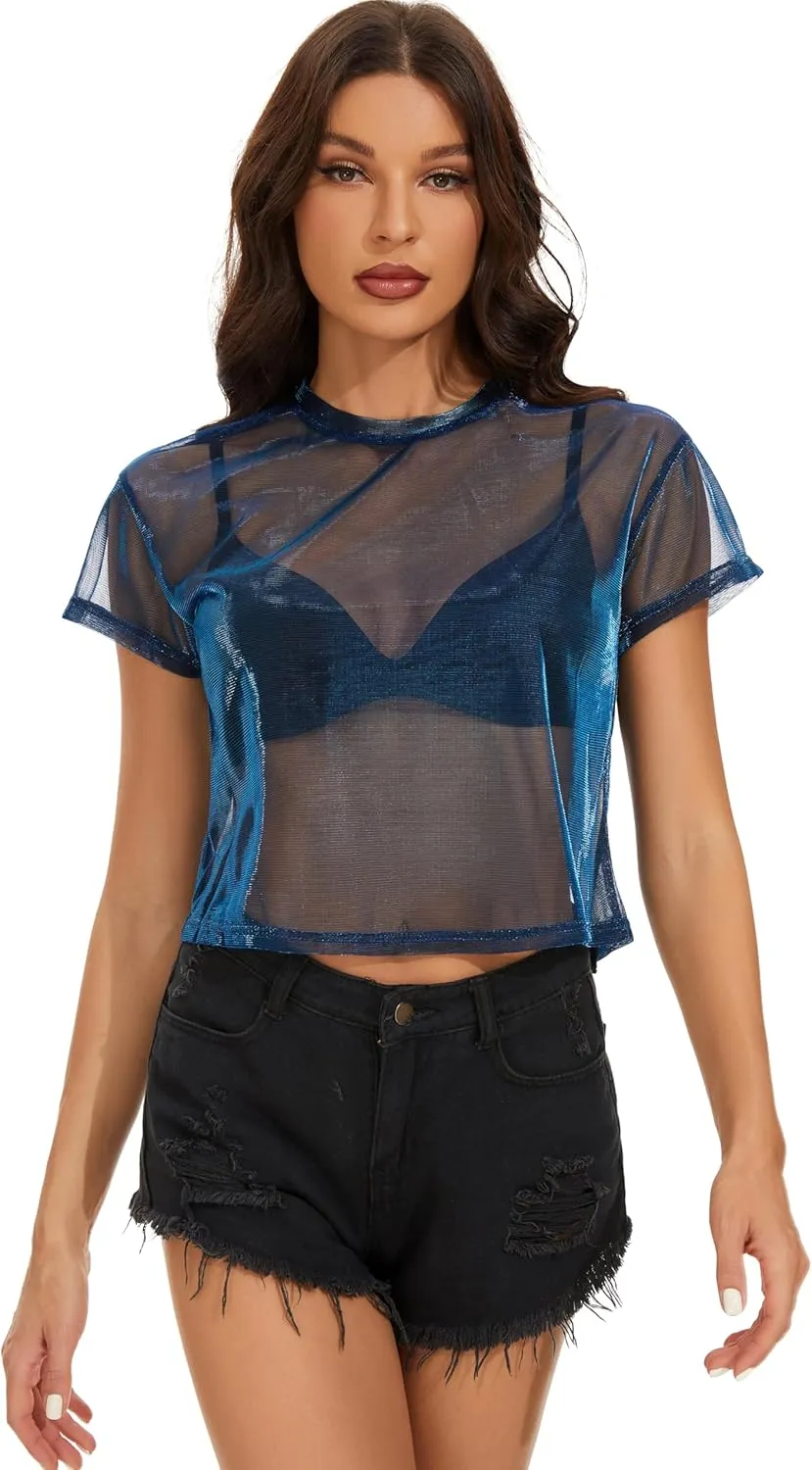 Women's Summer Mesh Tops Short Sleeve See Through Sheer T Shirt Bodycon Blouse Clubwear
