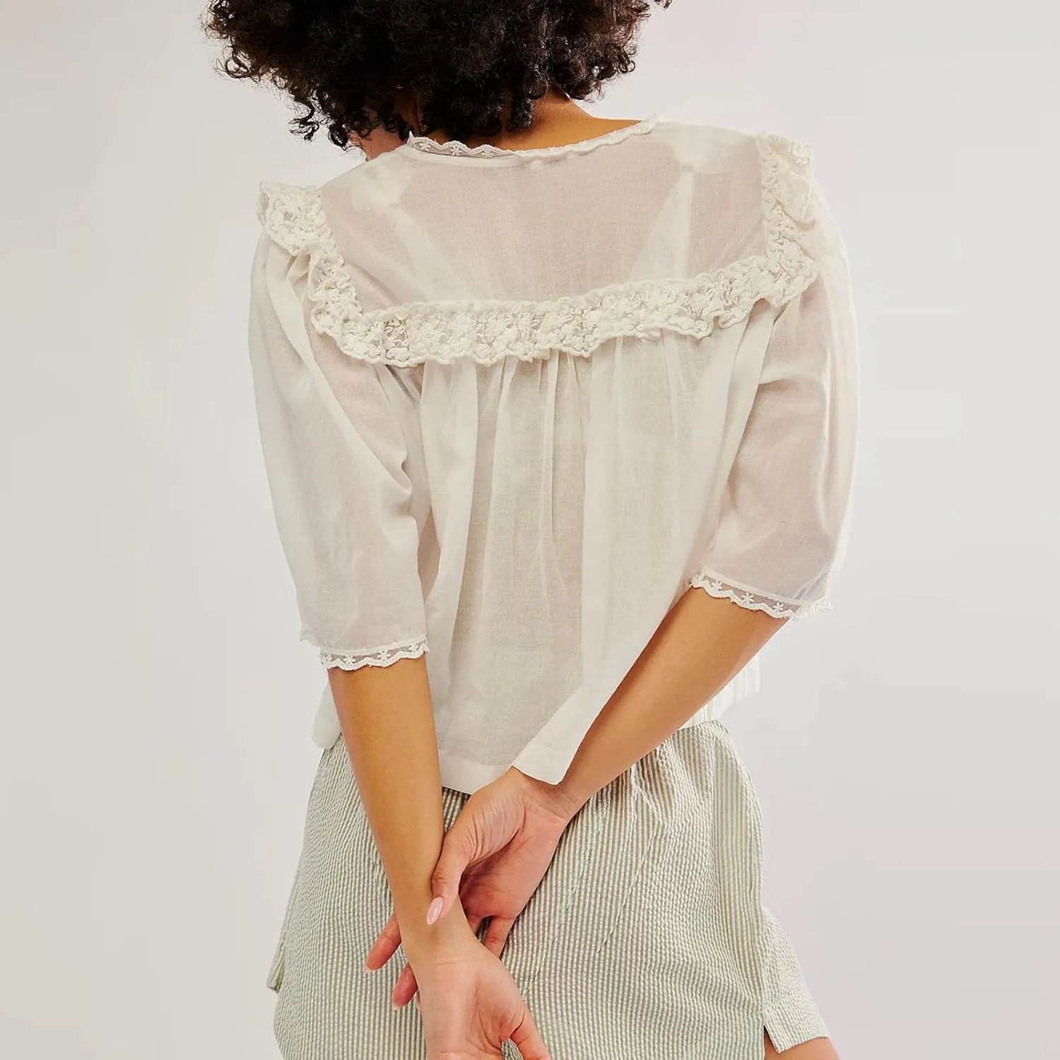 Womens Summer Tops 3/4 Sleeve V Neck Button Down Shirts Y2k Sheer Casual Blouse Lace Trim Top