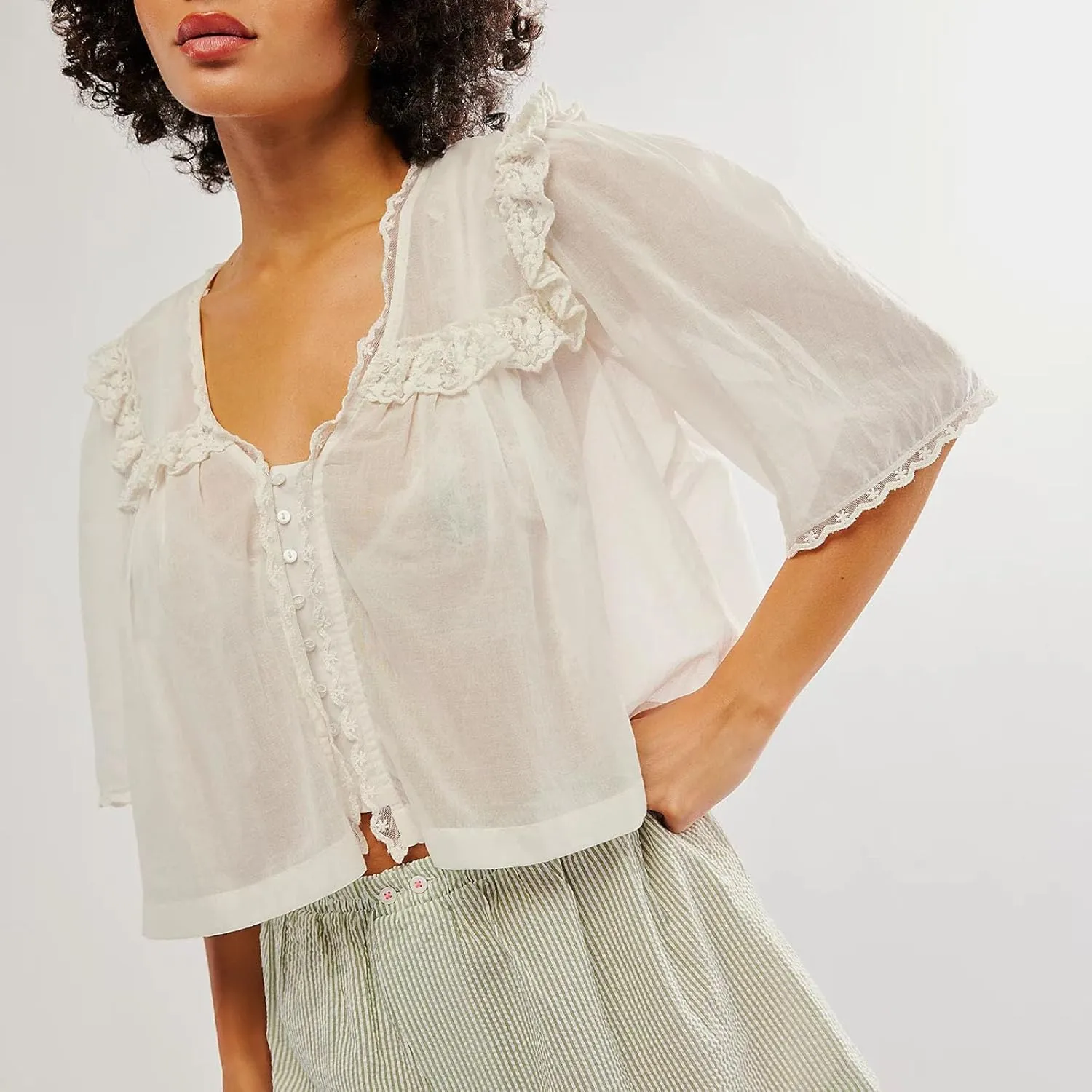 Womens Summer Tops 3/4 Sleeve V Neck Button Down Shirts Y2k Sheer Casual Blouse Lace Trim Top