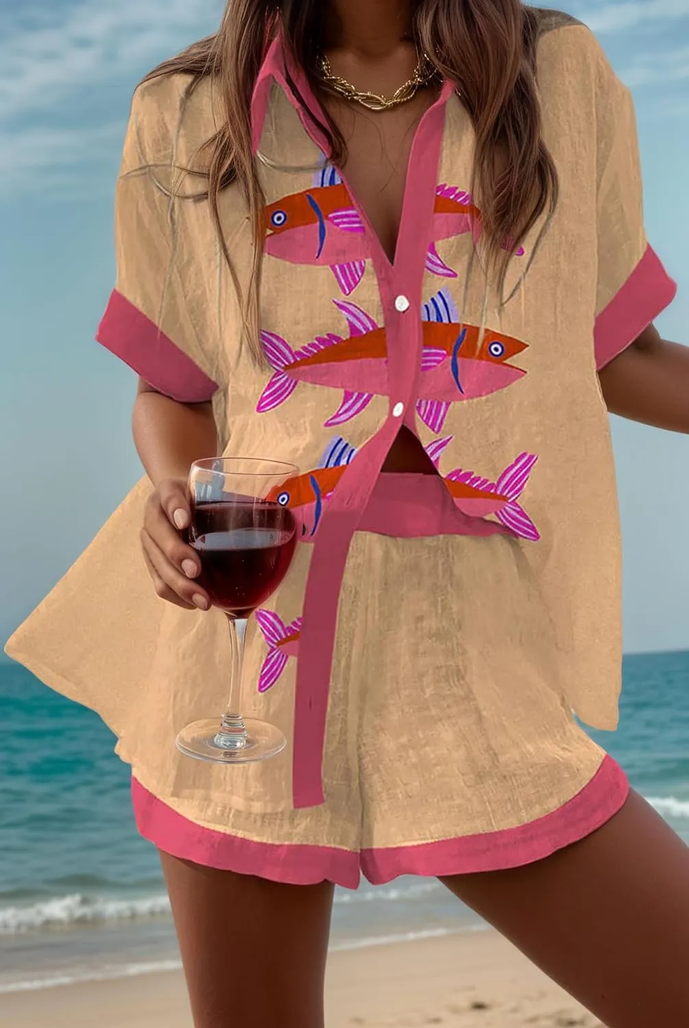 Women's Vacation Beach Two Piece Outfits Casual Floral Button Down Shirt Tops and Drawstring Shorts Summer Suit Sets