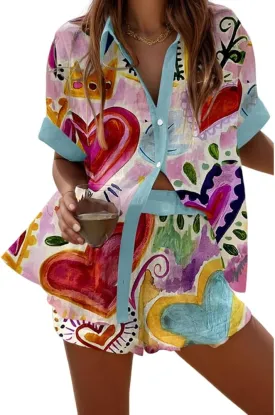 Women's Vacation Beach Two Piece Outfits Casual Floral Button Down Shirt Tops and Drawstring Shorts Summer Suit Sets