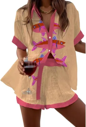 Women's Vacation Beach Two Piece Outfits Casual Floral Button Down Shirt Tops and Drawstring Shorts Summer Suit Sets
