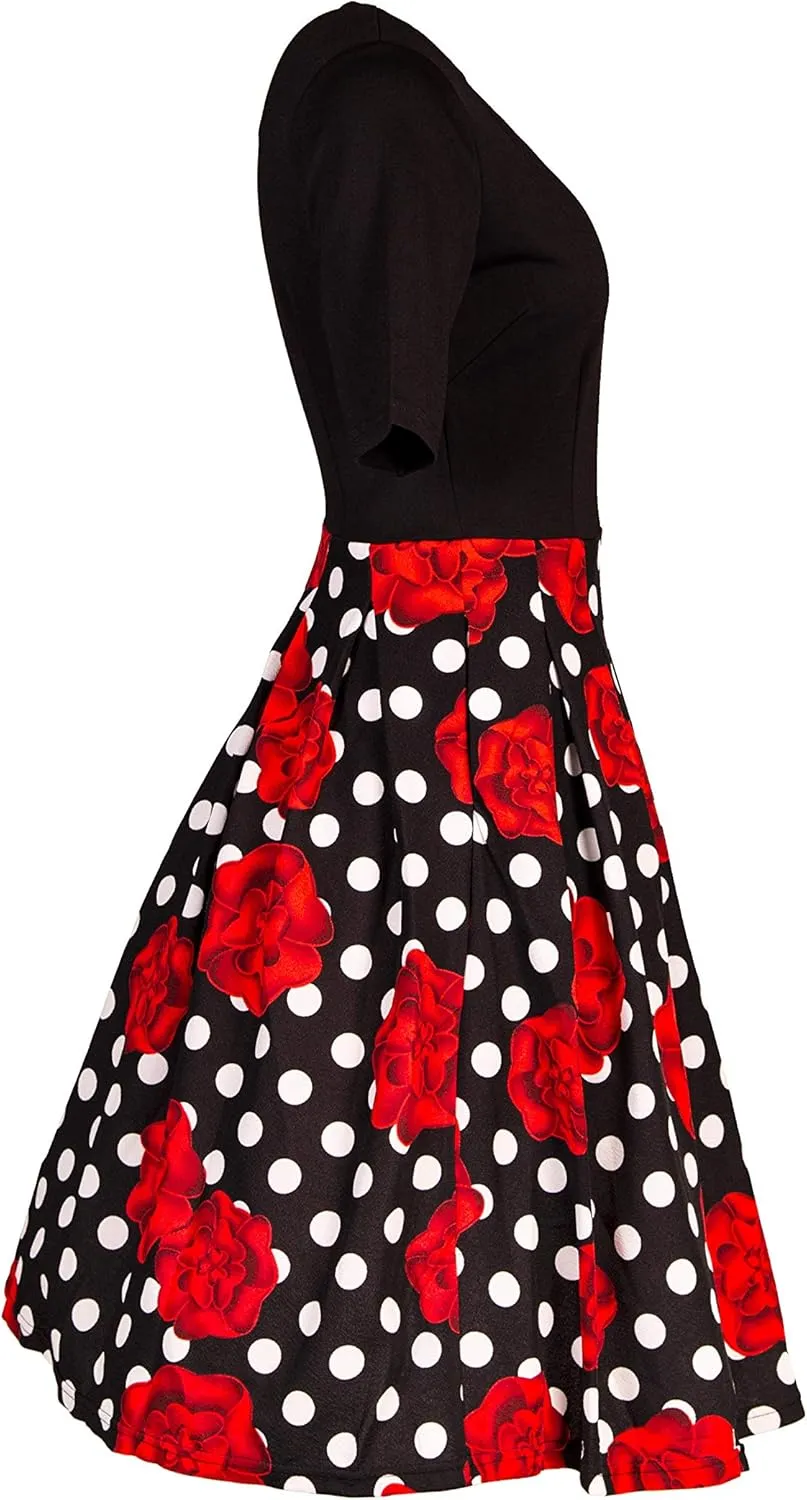 Women's Vintage Patchwork Pockets Puffy Swing Cocktail Work Party Dress