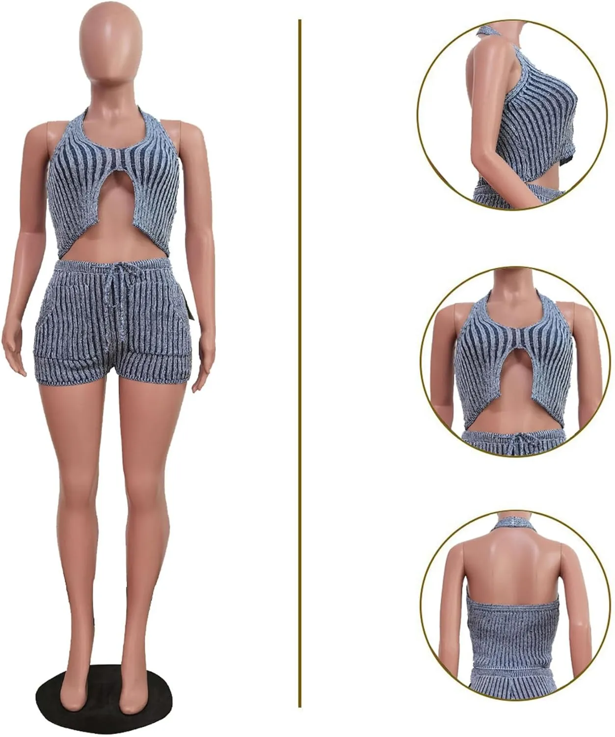 xxxiticat Women's Cable Knit Short Set Sleeveless Halter Crop Top Drawstring Shorts Two Piece Ribbed Co-ord Matching Set