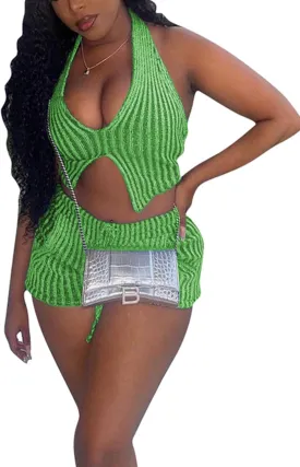 xxxiticat Women's Cable Knit Short Set Sleeveless Halter Crop Top Drawstring Shorts Two Piece Ribbed Co-ord Matching Set