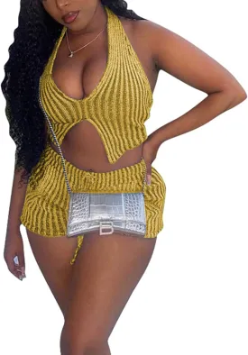 xxxiticat Women's Cable Knit Short Set Sleeveless Halter Crop Top Drawstring Shorts Two Piece Ribbed Co-ord Matching Set
