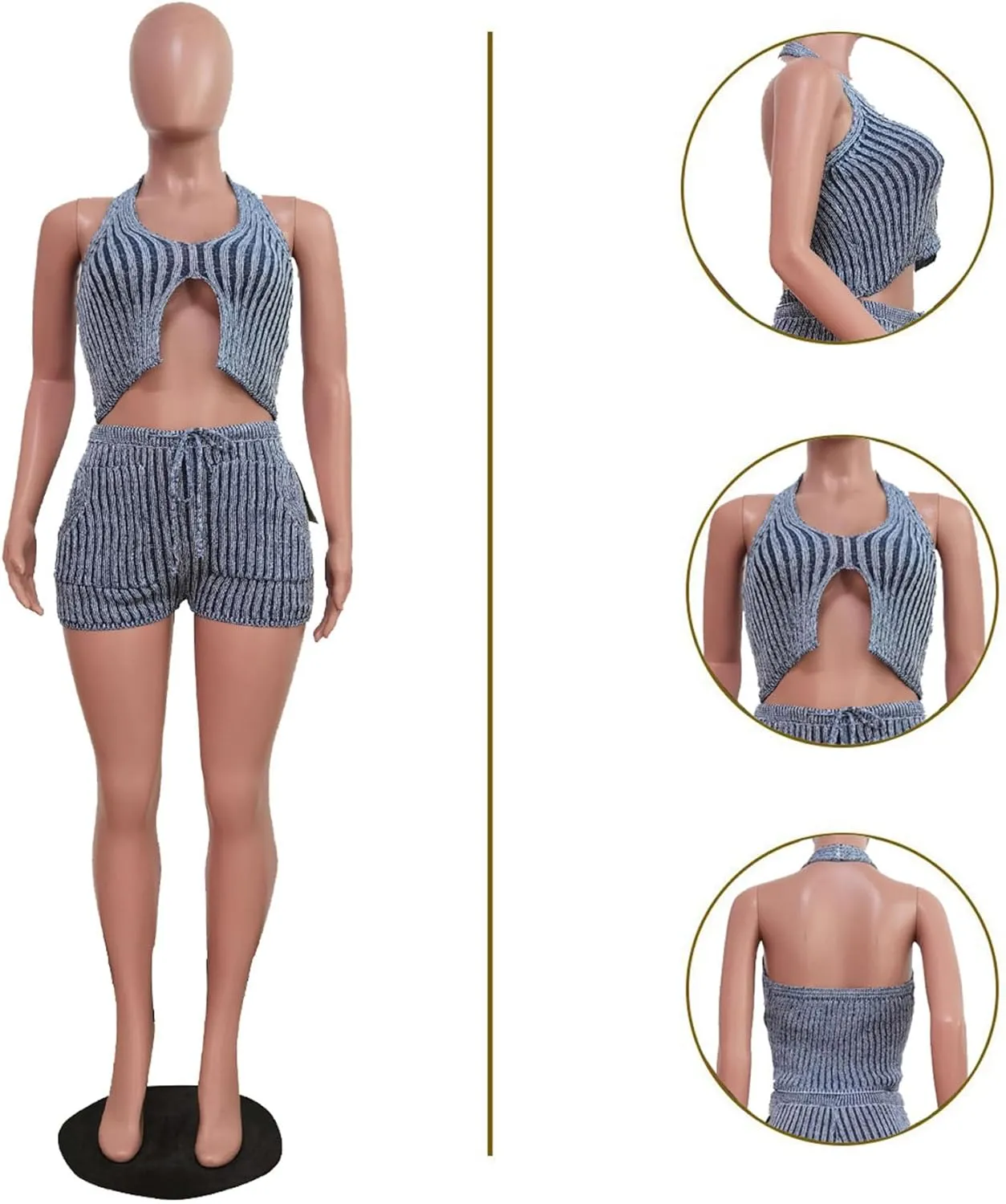 xxxiticat Women's Cable Knit Short Set Sleeveless Halter Crop Top Drawstring Shorts Two Piece Ribbed Co-ord Matching Set