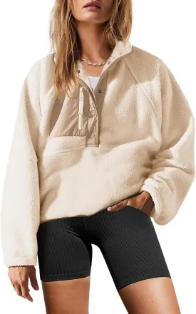 Yanekop Womens Fuzzy Fleece Pullover Sherpa Sweatshirt Long Sleeve Button Down Sweater Jacket with Pockets