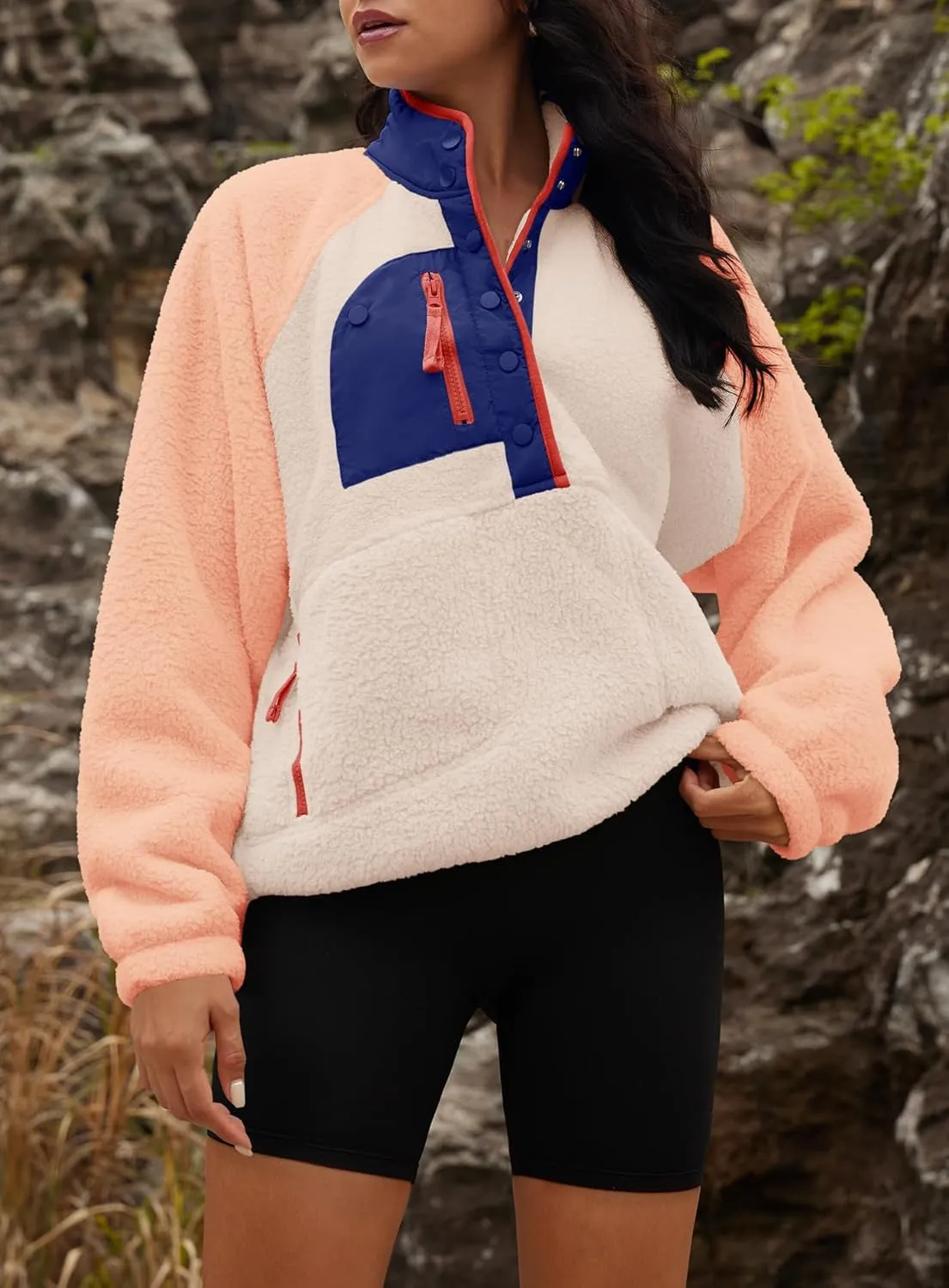 Yanekop Womens Fuzzy Fleece Pullover Sherpa Sweatshirt Long Sleeve Button Down Sweater Jacket with Pockets