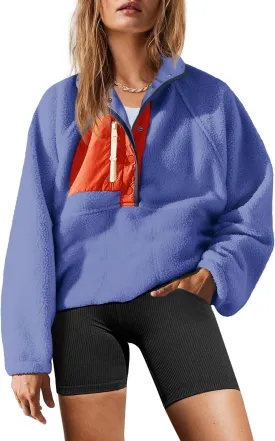 Yanekop Womens Fuzzy Fleece Pullover Sherpa Sweatshirt Long Sleeve Button Down Sweater Jacket with Pockets